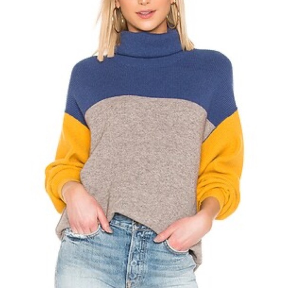 Free People Ribbed Colorblock Turtleneck Sweater - Blue, Gray, and Yellow S - Picture 1 of 10